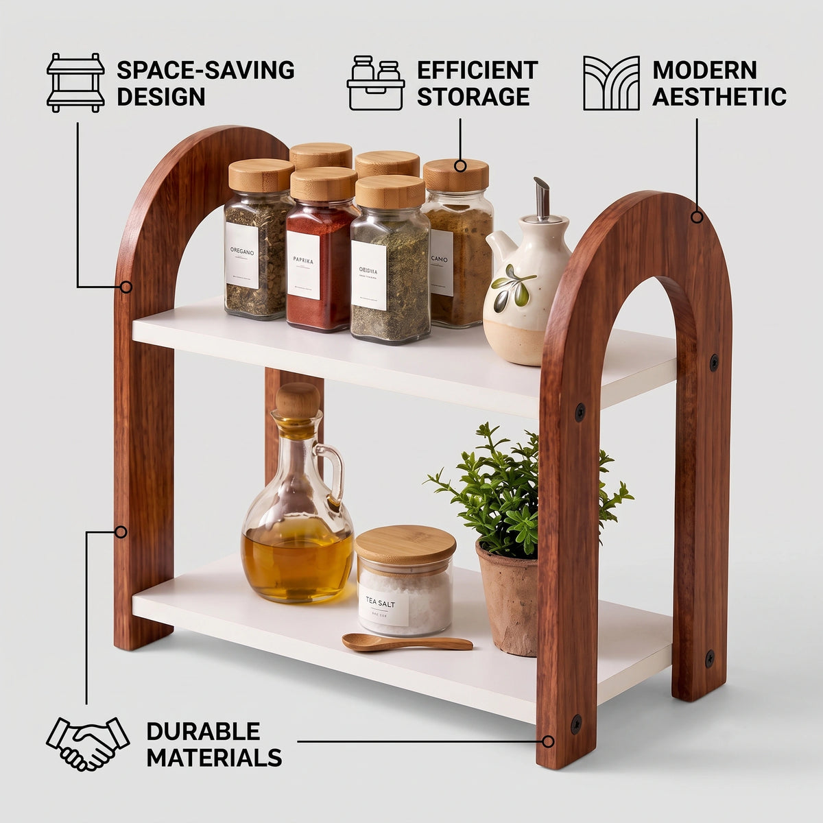 Wooden 2 Shelf Spice Rack for Kitchen Use