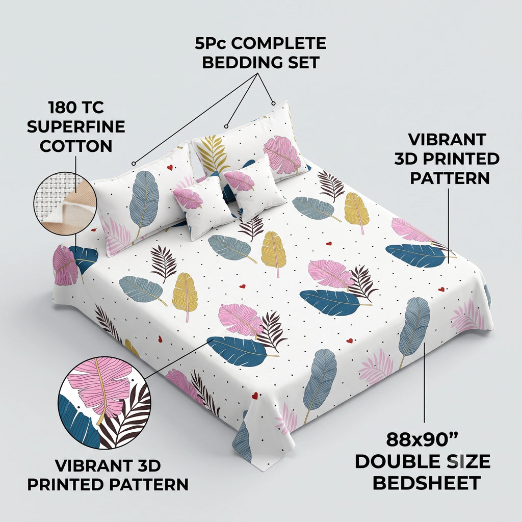 Double Bedsheet Set Cotton Cushions - 5Pc