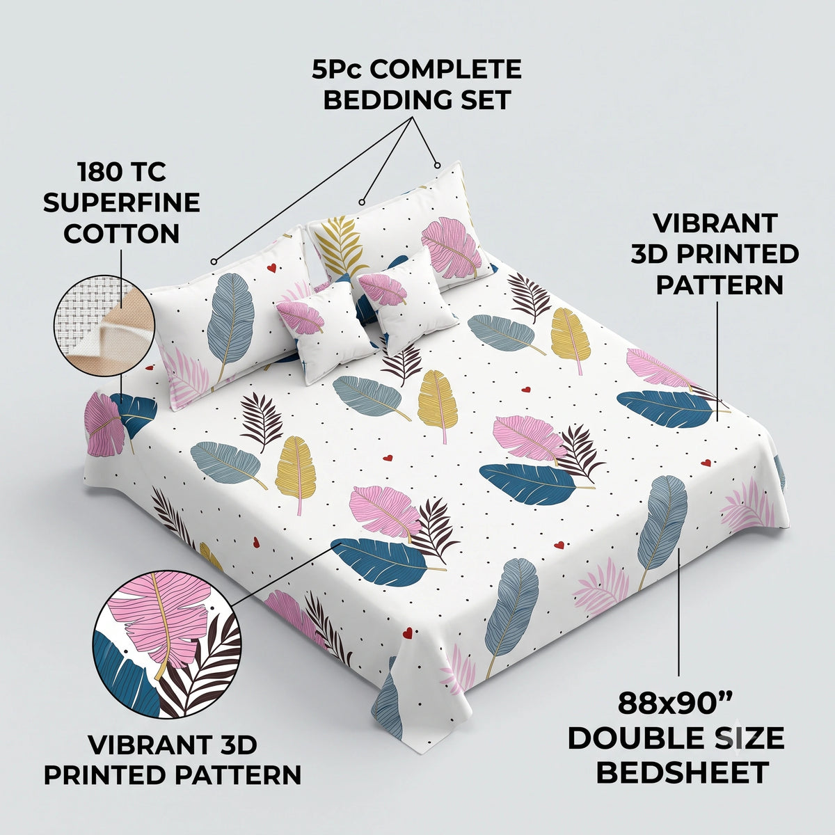 Double Bedsheet Set Cotton Cushions - 5Pc